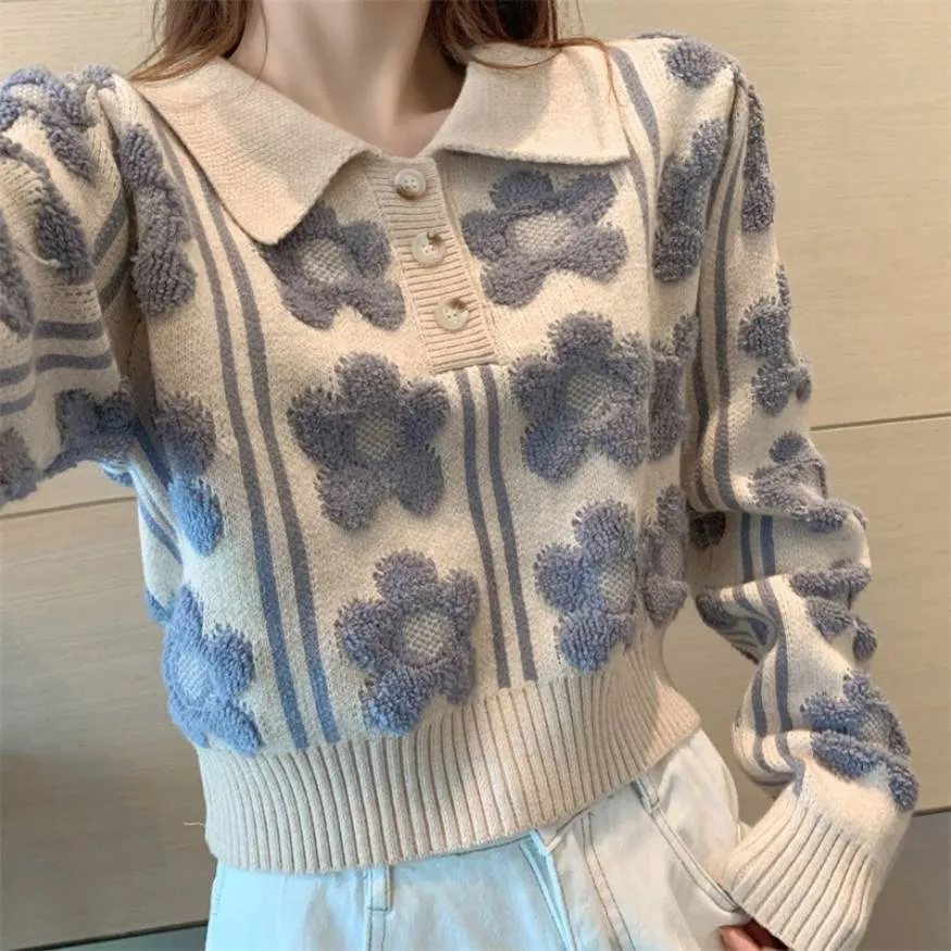 Floral Pattern Polo-Collar Sweater