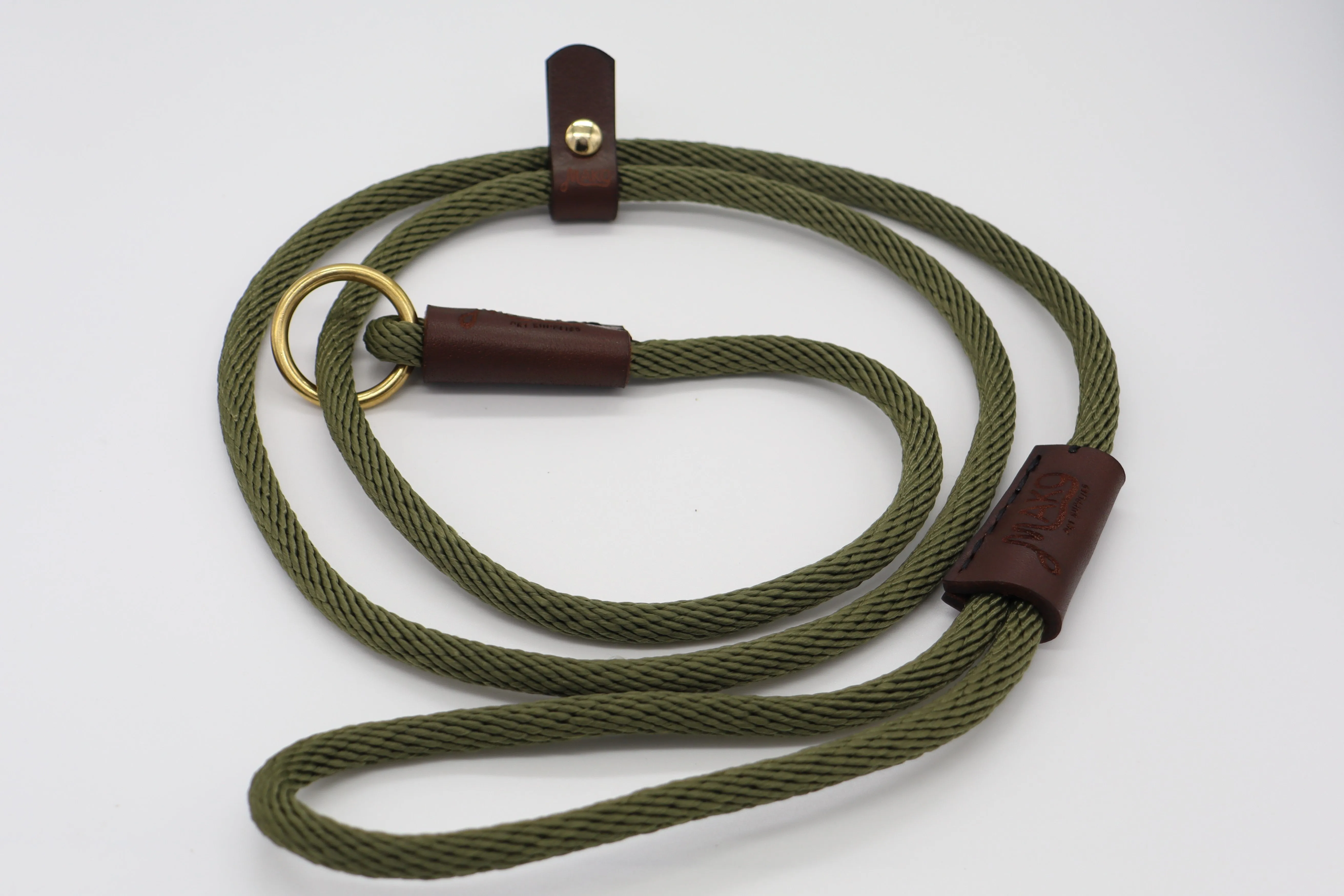 Hand sewn Slip Lead - Solid Brass and Leather Olive Nylon Twist