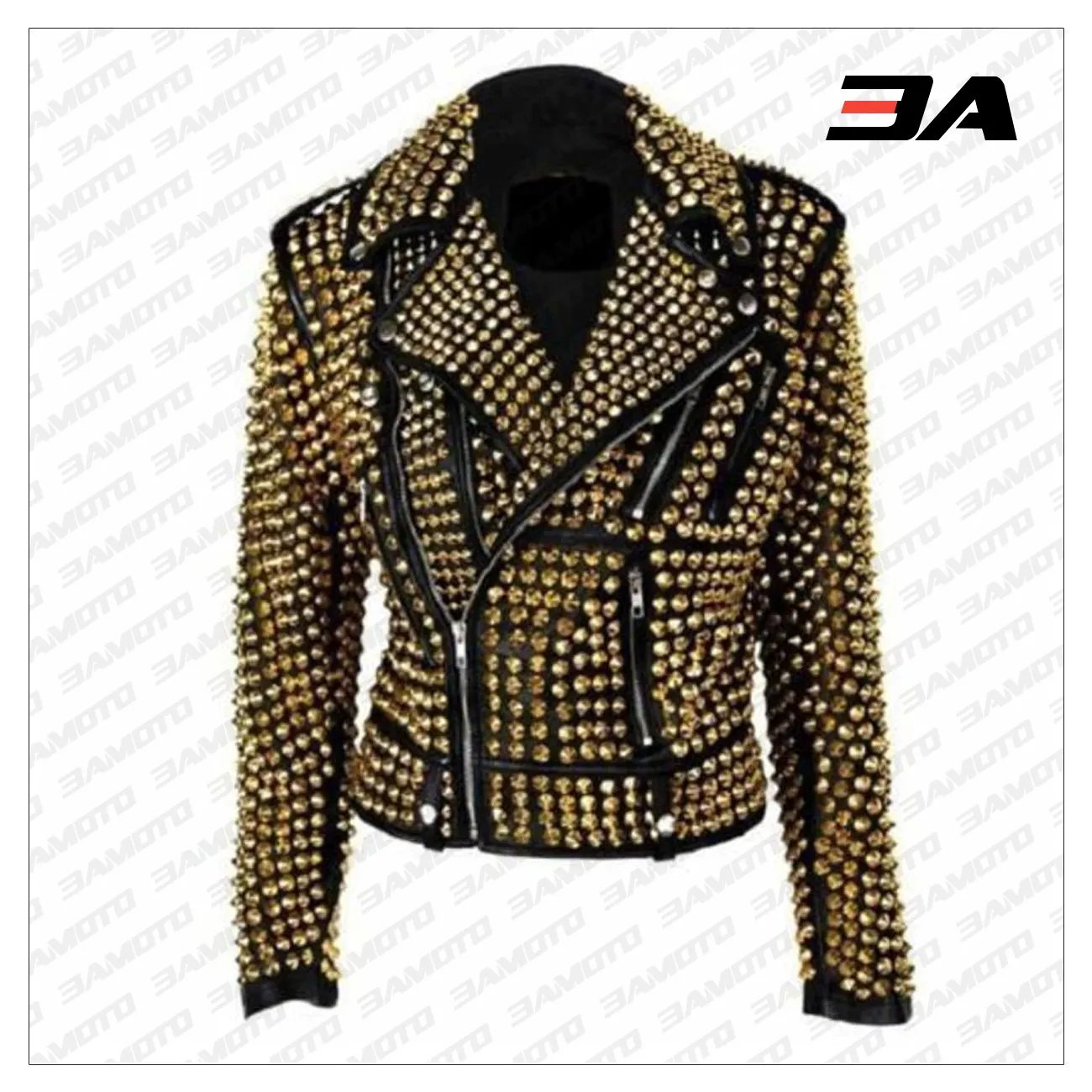 Handmade Women's Black Fashion Golden Studded Punk Style Leather Jacket