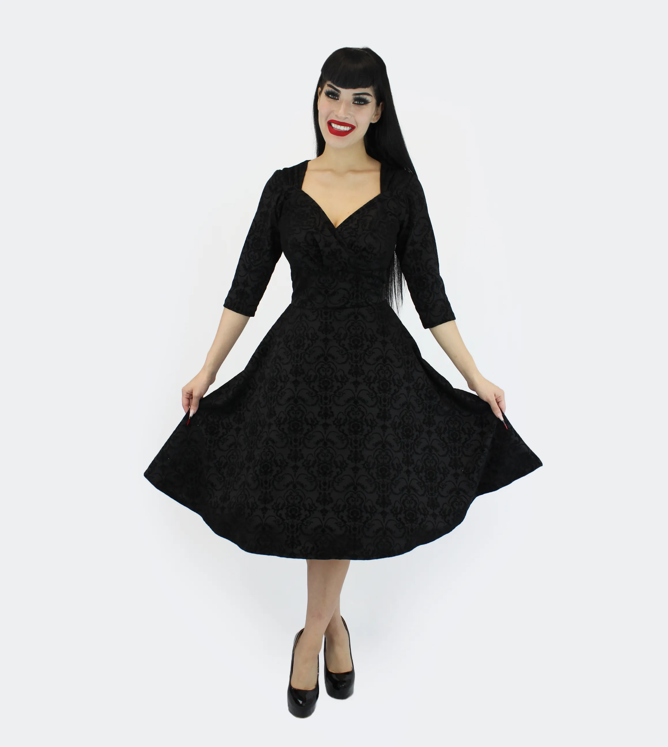 Holiday Black PinUp Damask 1950s Vintage Inspired Circle Party Dress w/ Pockets