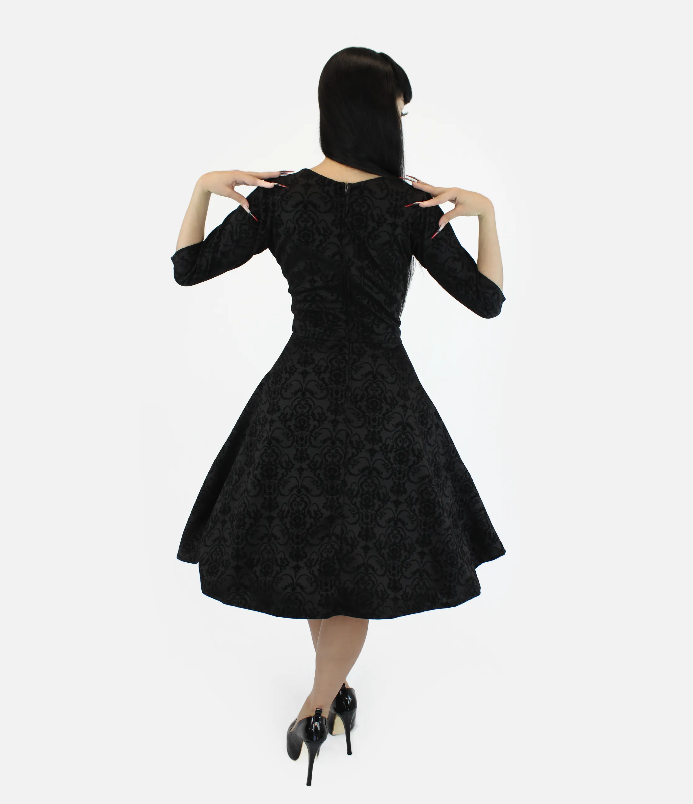 Holiday Black PinUp Damask 1950s Vintage Inspired Circle Party Dress w/ Pockets