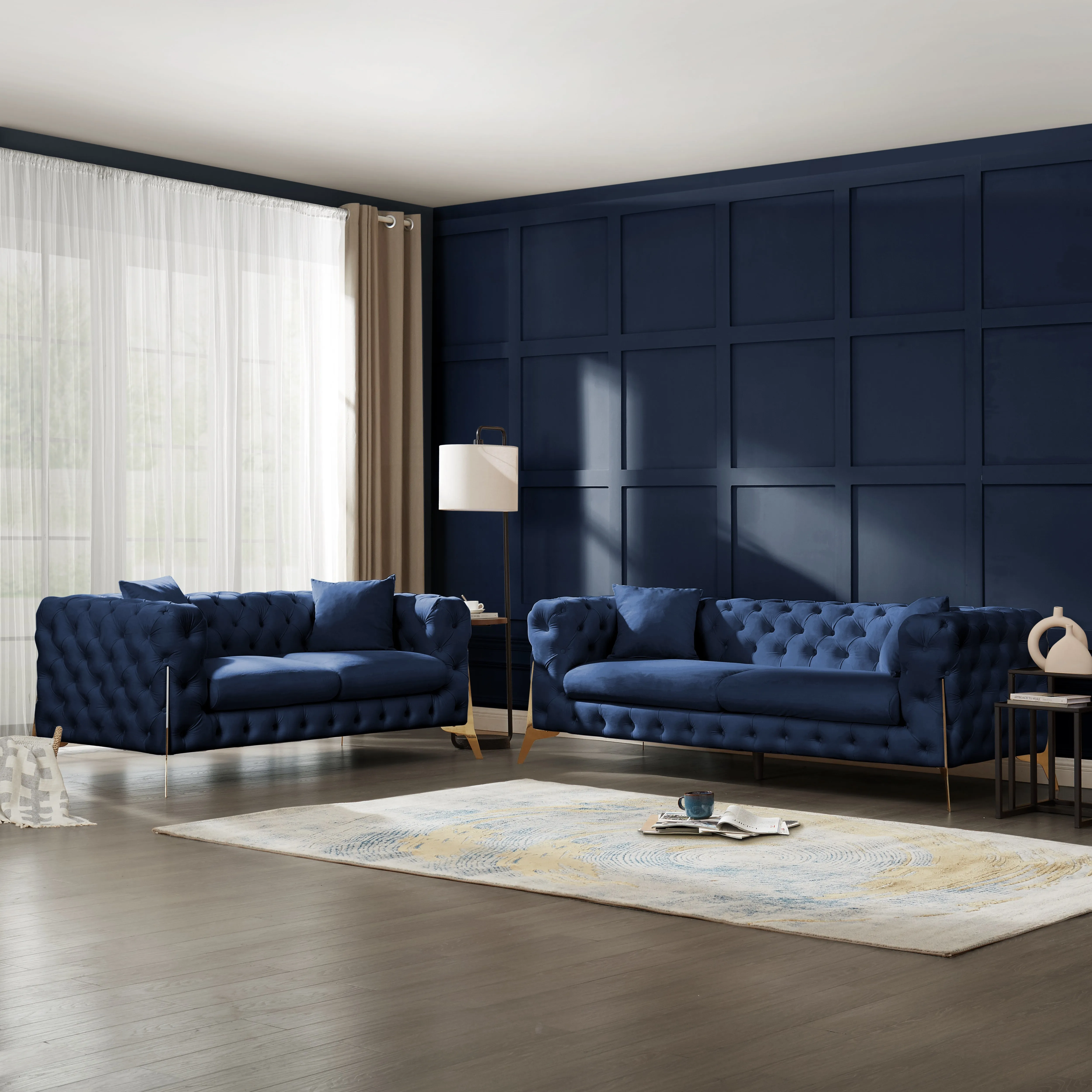 Jaguar 2 3 Seater Sofa Set Chesterfield Design Velvet, Dark Blue Velvet