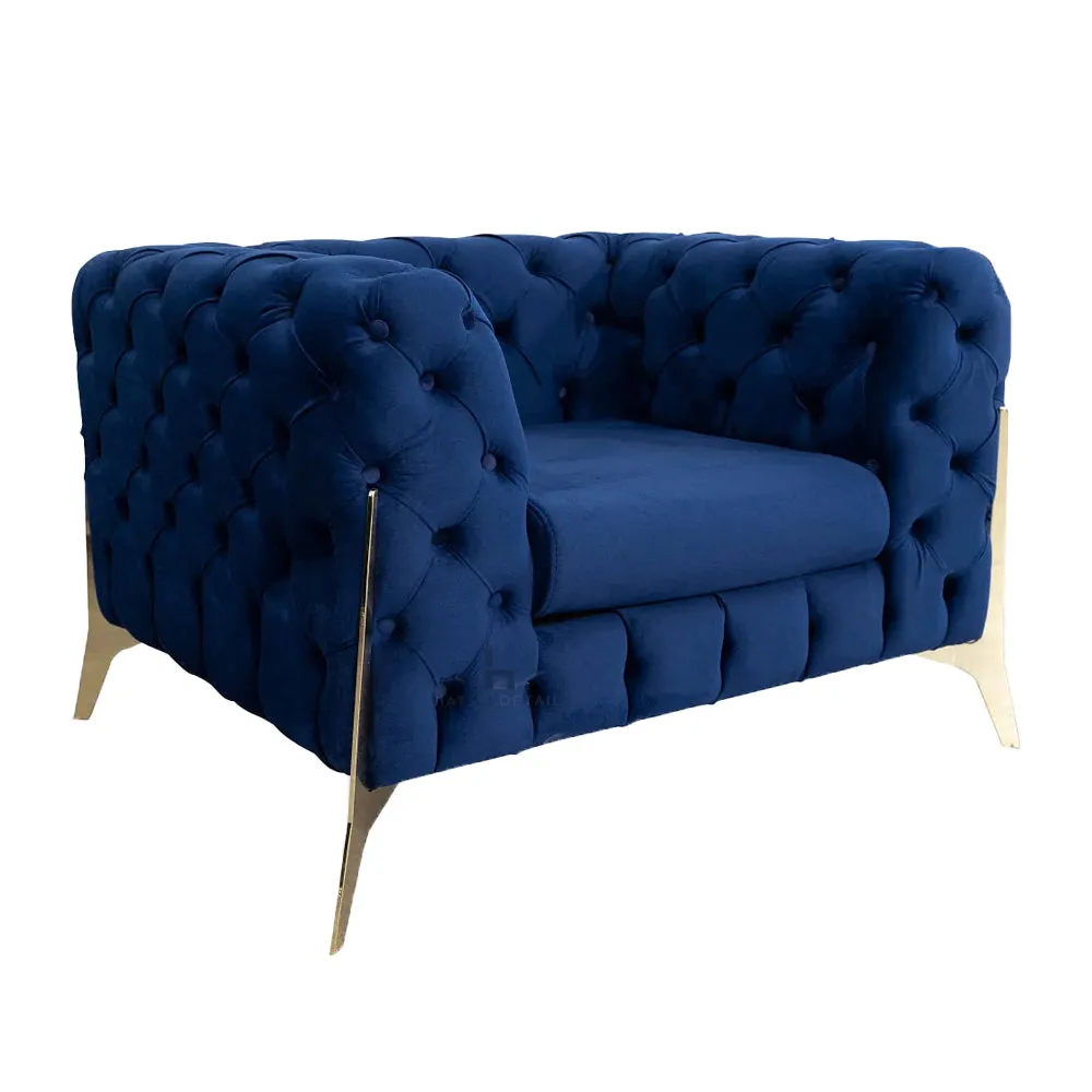 Jaguar Velvet Fabric 1 Seater Sofa Suite Chesterfield Metal Legs, Blue