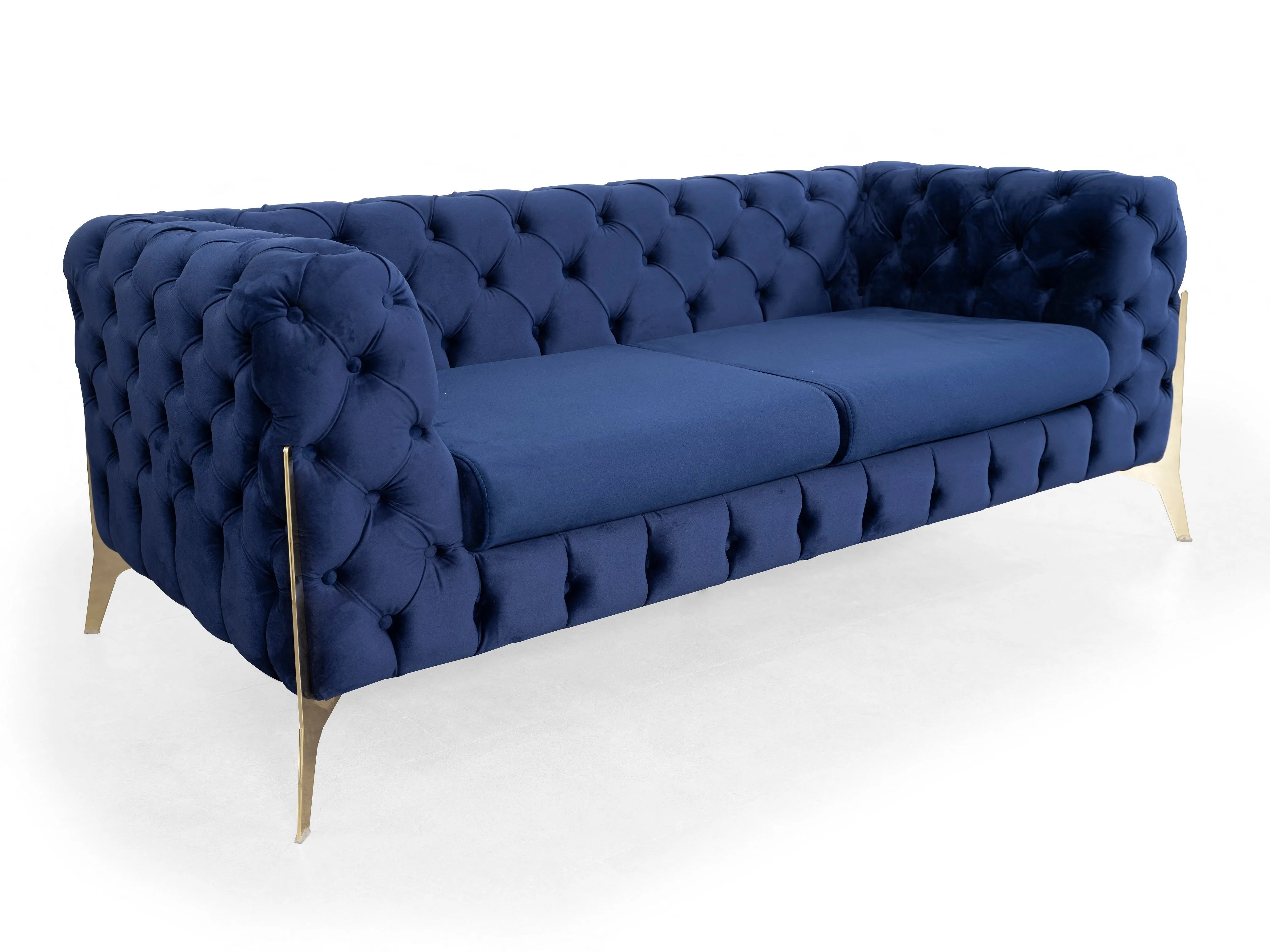 Jaguar Velvet Fabric 2 Seater Sofa Suite Chesterfield Metal Legs, Blue