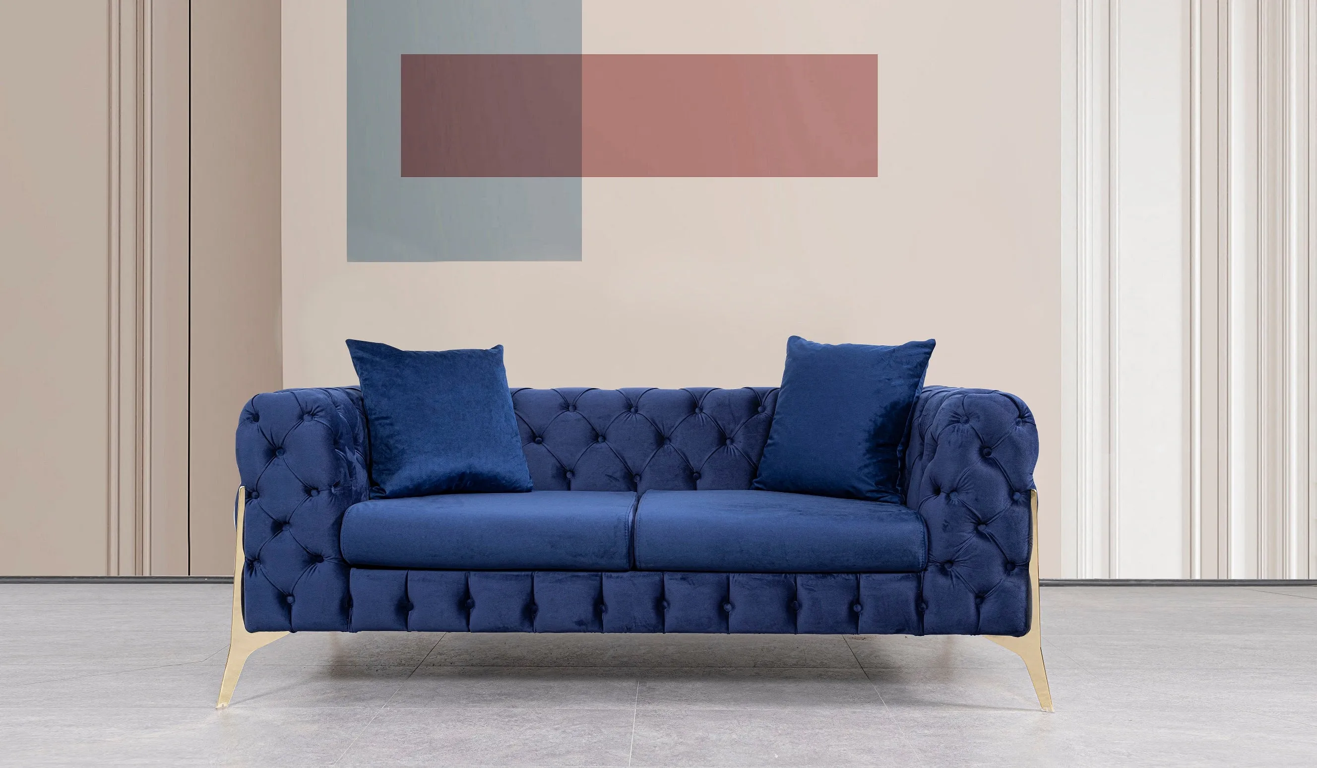 Jaguar Velvet Fabric 2 Seater Sofa Suite Chesterfield Metal Legs, Blue