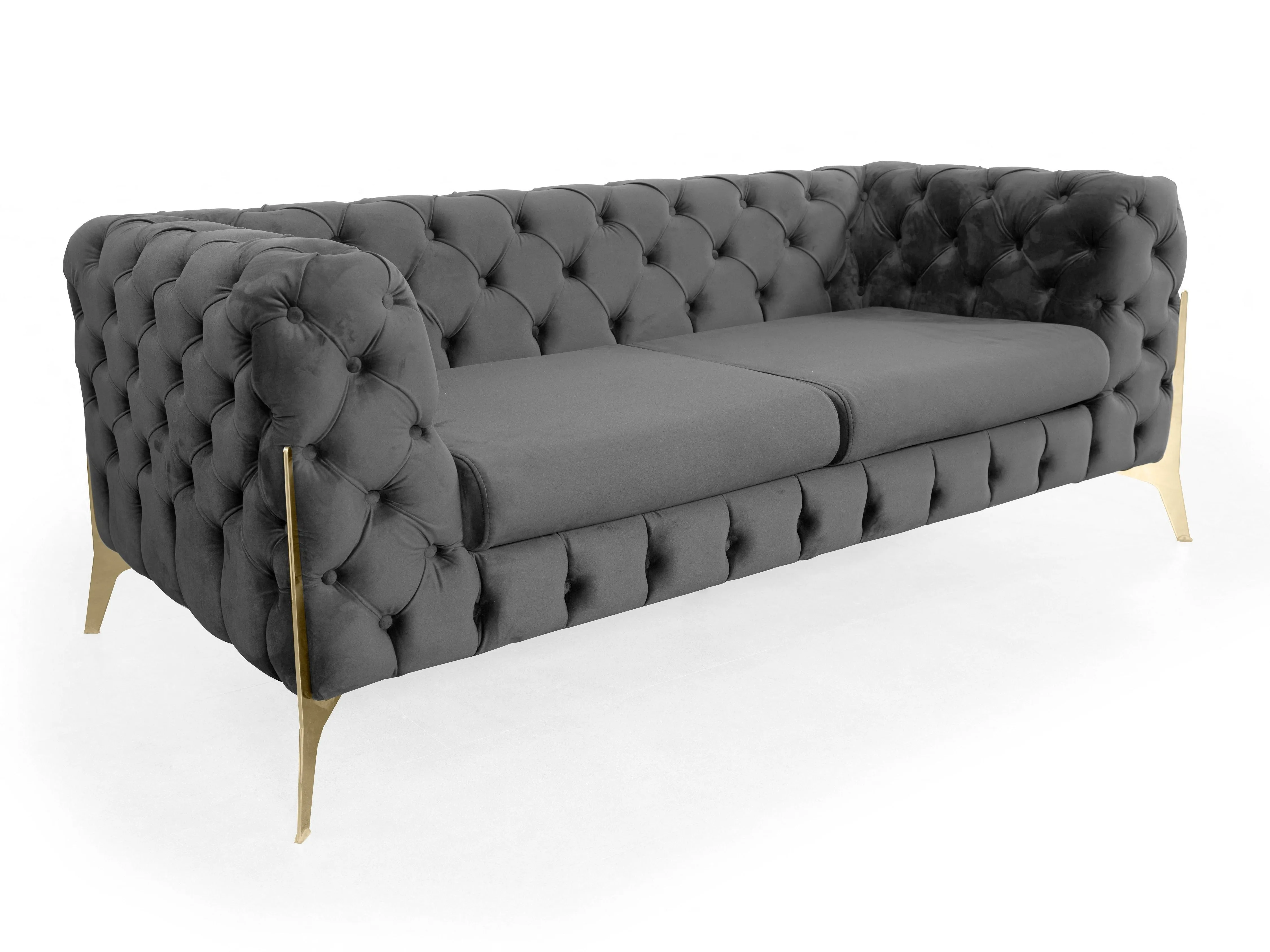 Jaguar Velvet Fabric 3 Seater Sofa Suite Chesterfield Metal Legs, Dark Grey