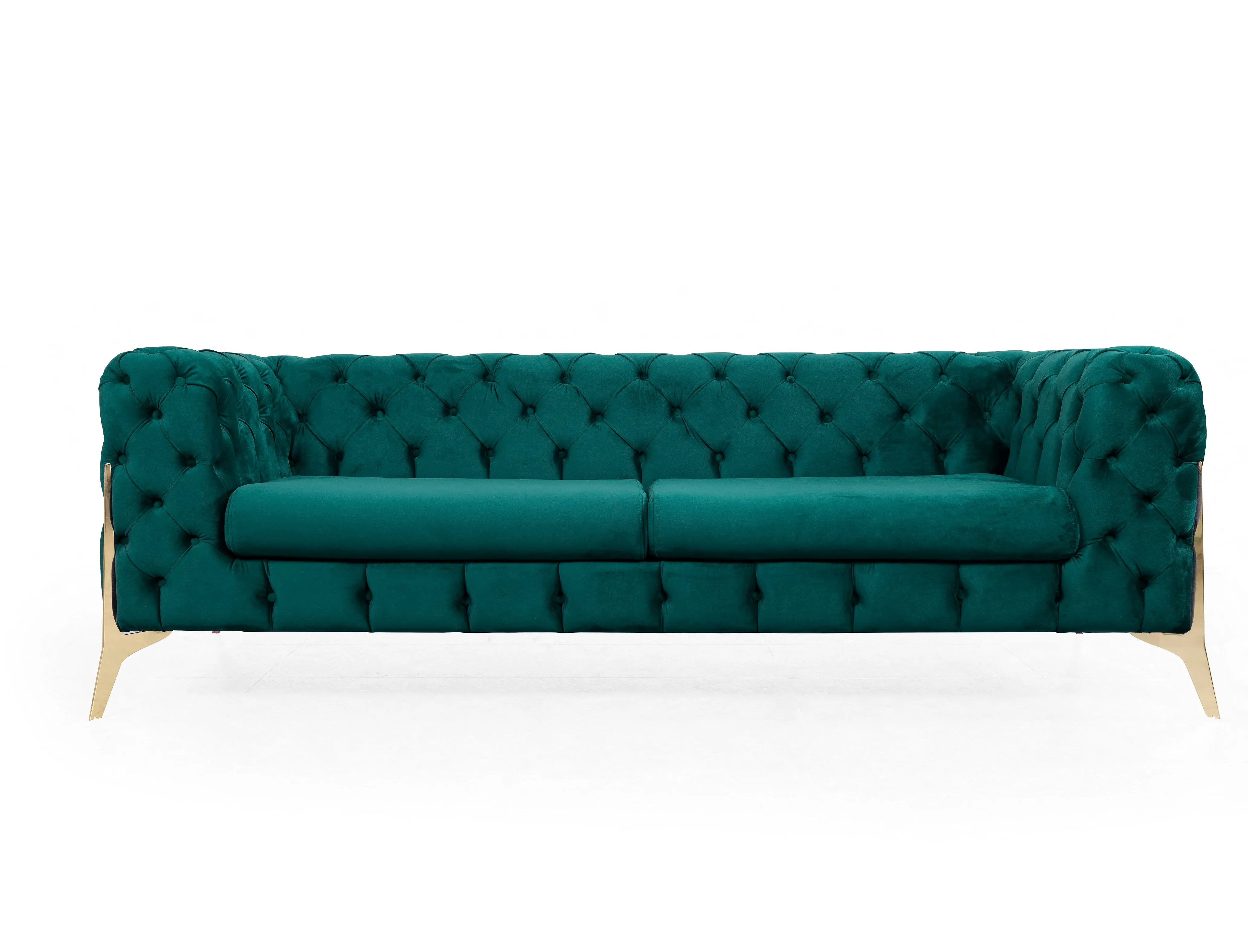 Jaguar Velvet Fabric 3 Seater Sofa Suite Chesterfield Metal Legs, Green