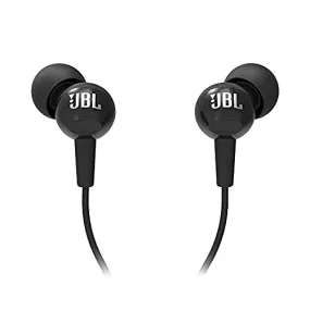 JBL C100SI Wired In Ear Headphones with Mic, JBL Pure Bass Sound, One Button Multi-function Remote, Angled Buds for Comfort fit (Black)