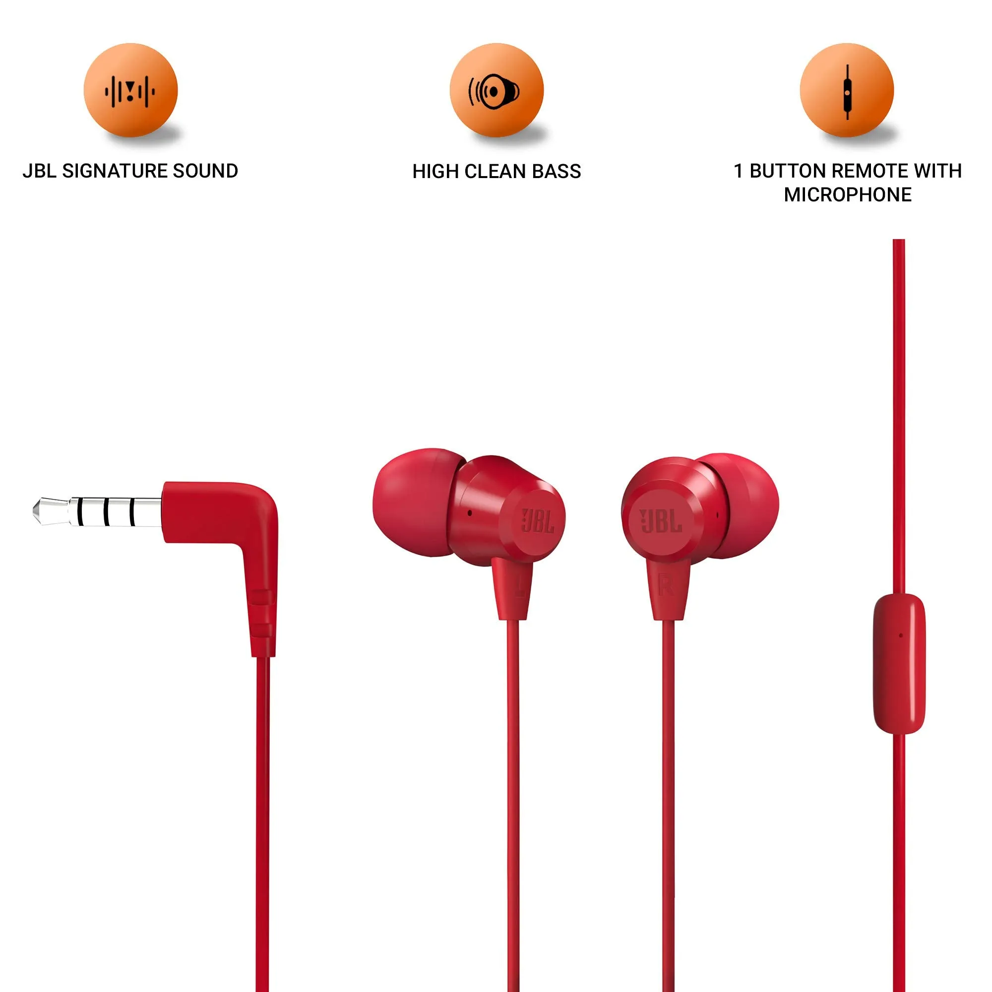 JBL C50HI, Wired in Ear Headphones with Mic, One Button Multi-Function Remote, Lightweight & Comfortable fit (Red)