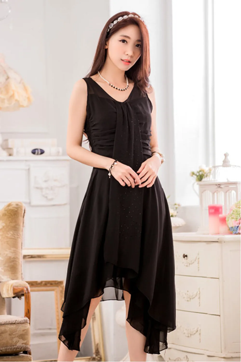 Ketty More Women Sleeveless V-Neck Irregular Skirt Modern Dress-KMWD451