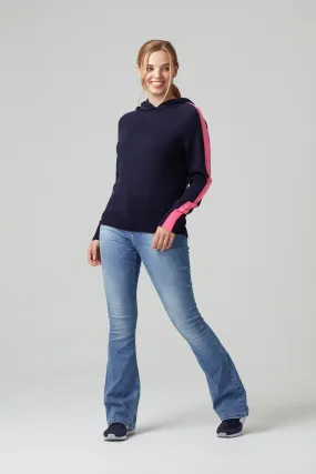 Ladies striped hoodie jumper in navy & bright pink