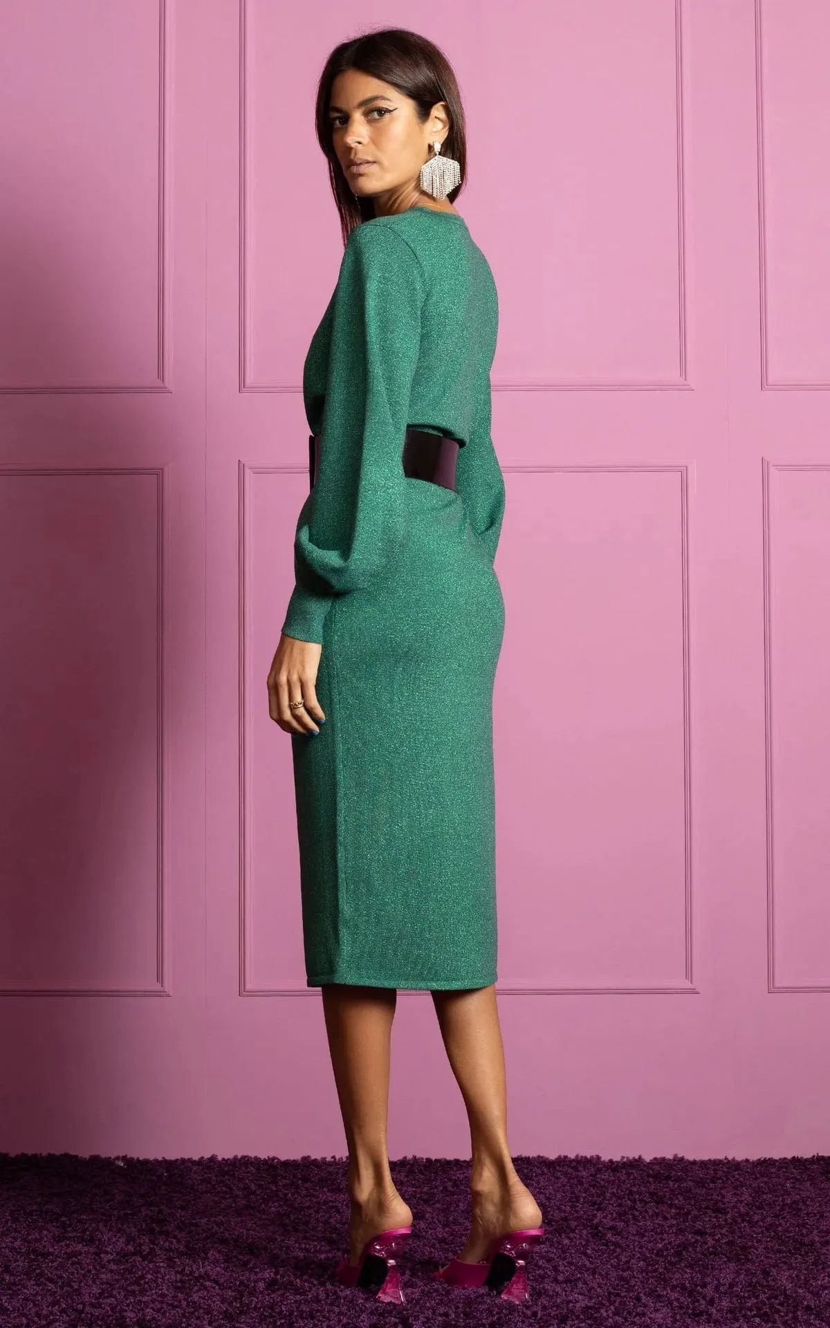 MEMPHIS METALLIC KNIT MIDI DRESS (GREEN)