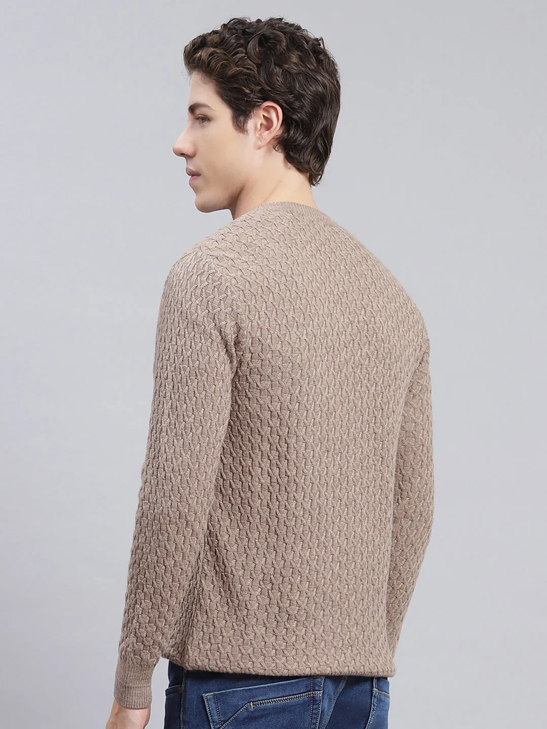 Men Light Brown Self Design Wool blend Pullover