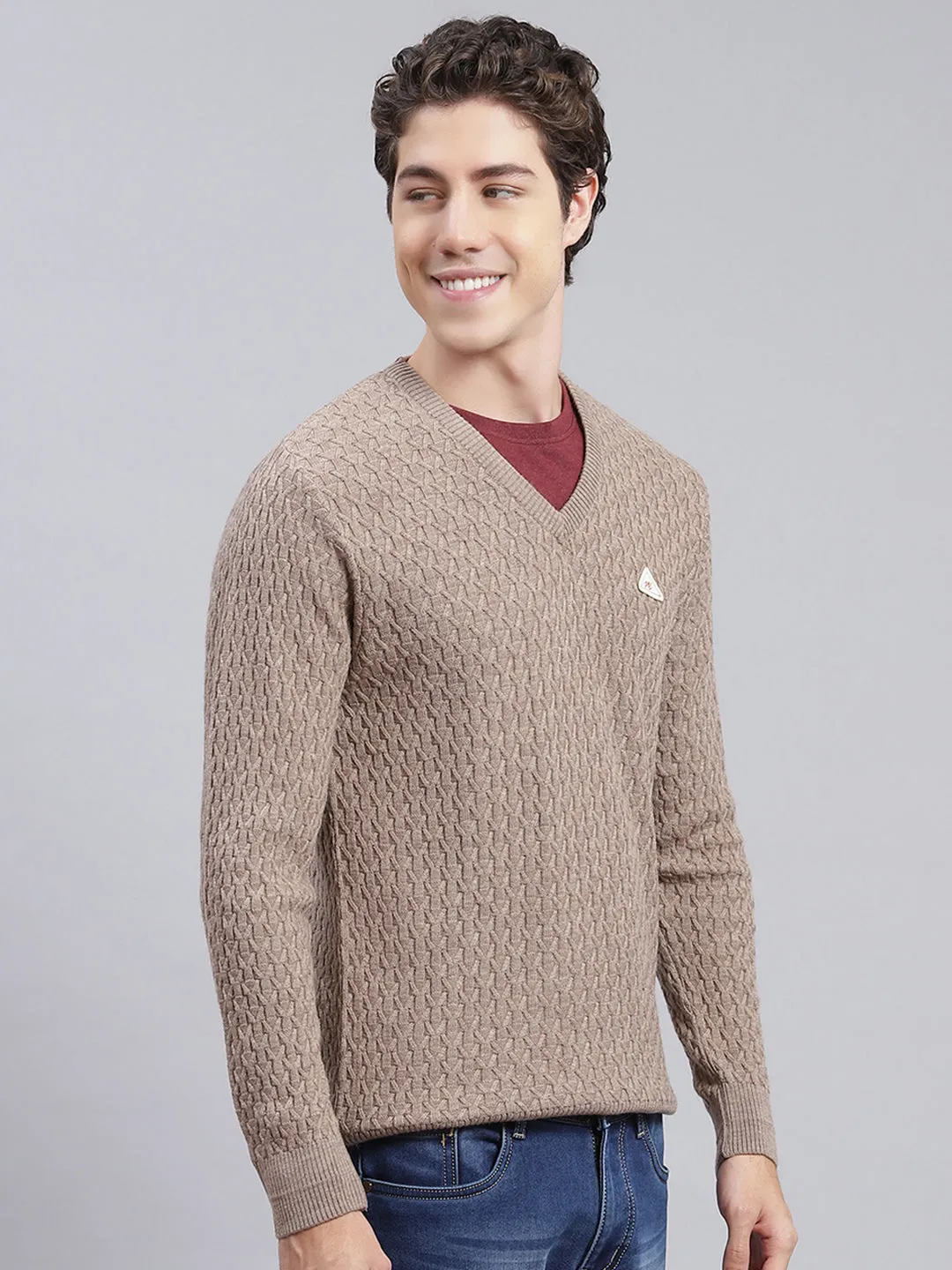 Men Light Brown Self Design Wool blend Pullover