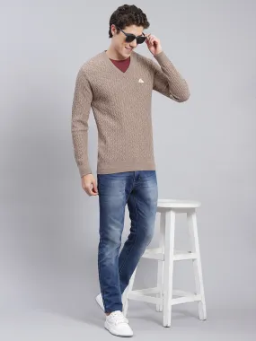 Men Light Brown Self Design Wool blend Pullover