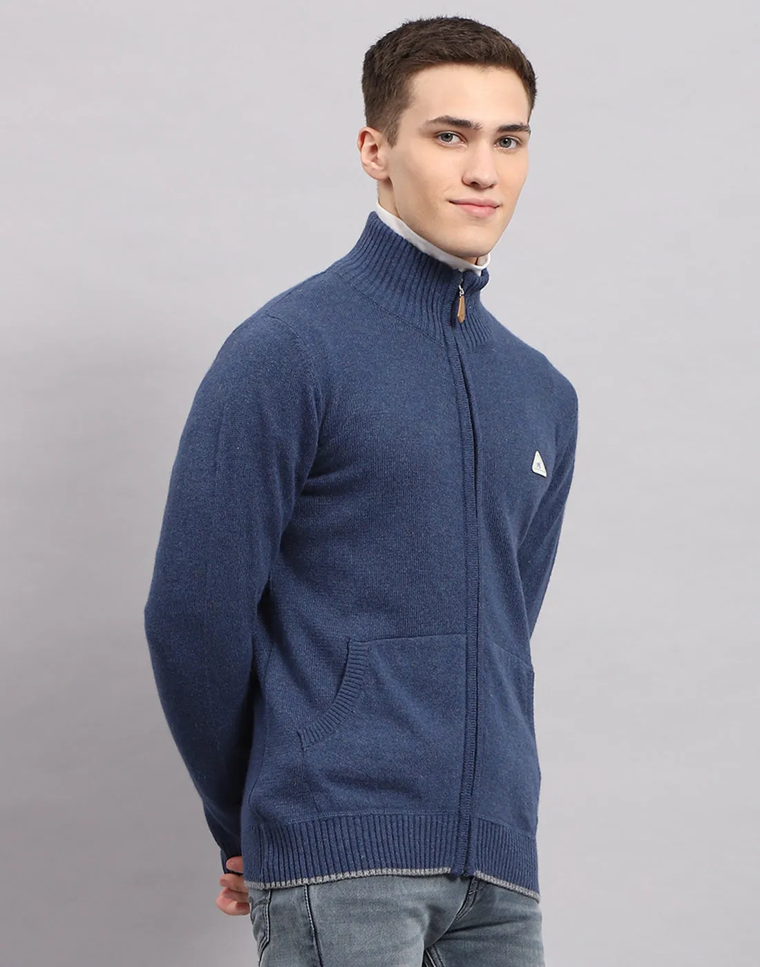 Men Navy Blue Solid Mock Neck Full Sleeve Pullover