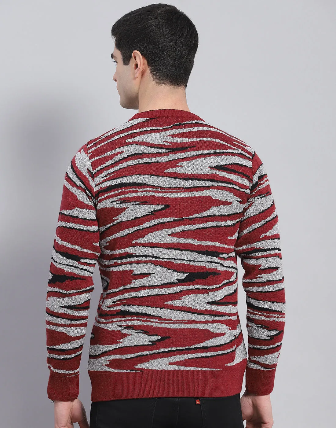 Men Red Self Design Round Neck Full Sleeve Pullover