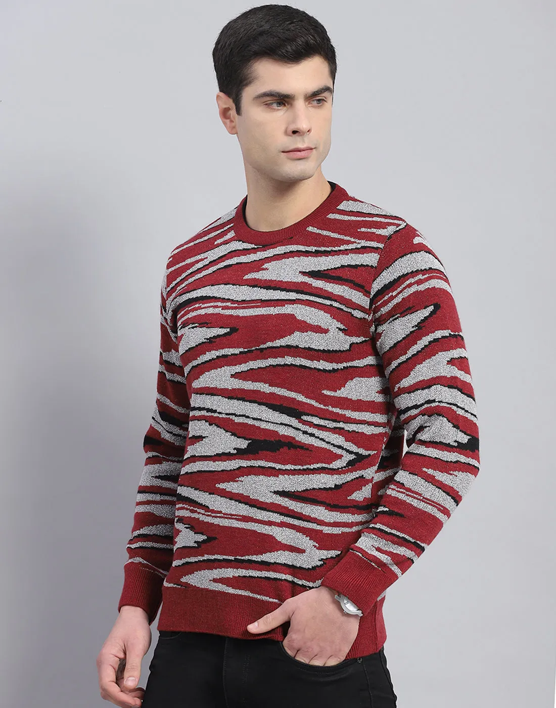 Men Red Self Design Round Neck Full Sleeve Pullover