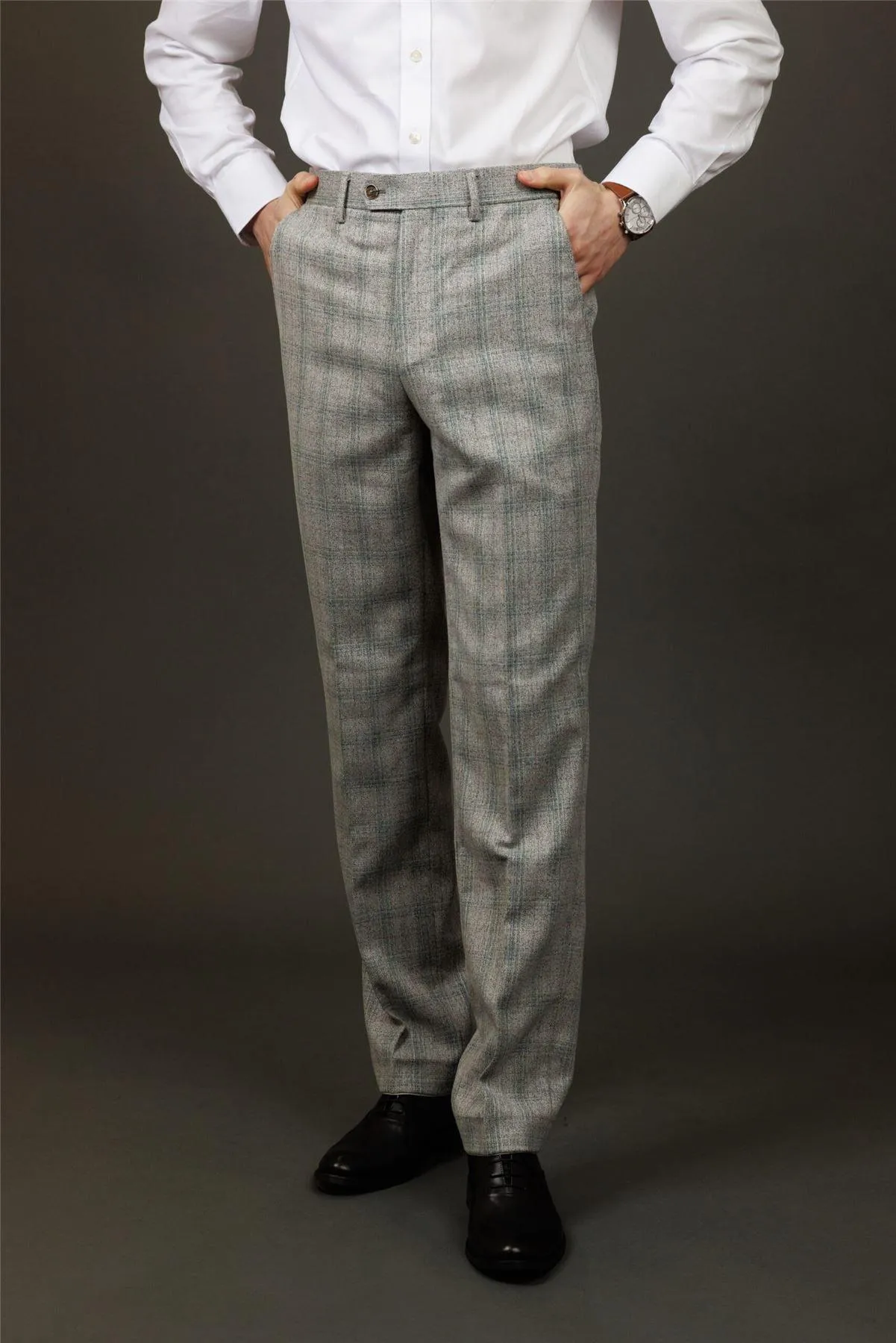 Men's Trousers Grey Checked Formal Pants