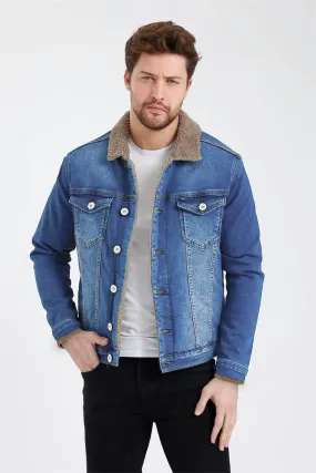 Mid Blue Denim Jacket with Brown Sherpa Lining