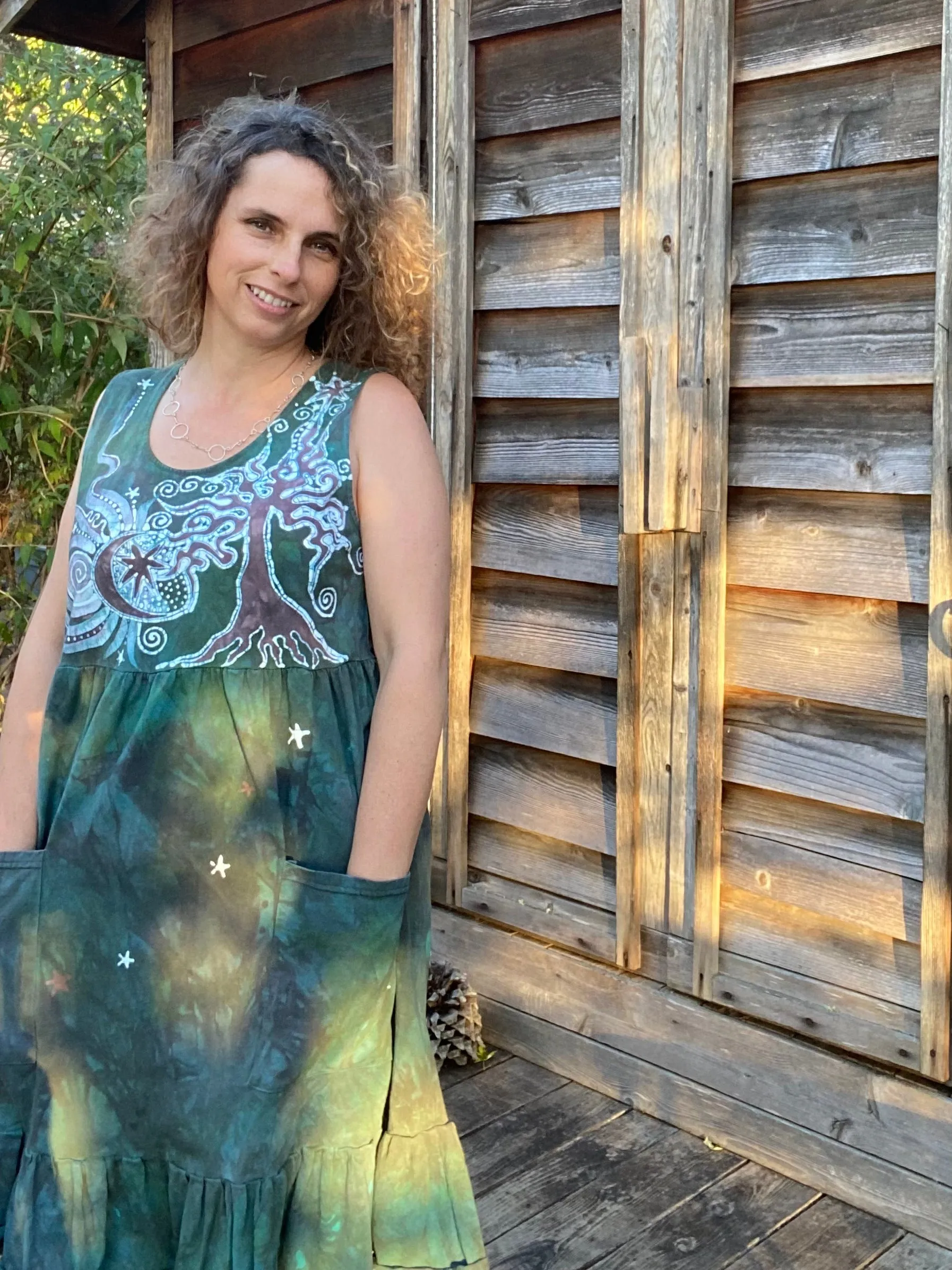 Mist in the Moss Green Forest - Farmer's Market Pocket Dress - Size Large