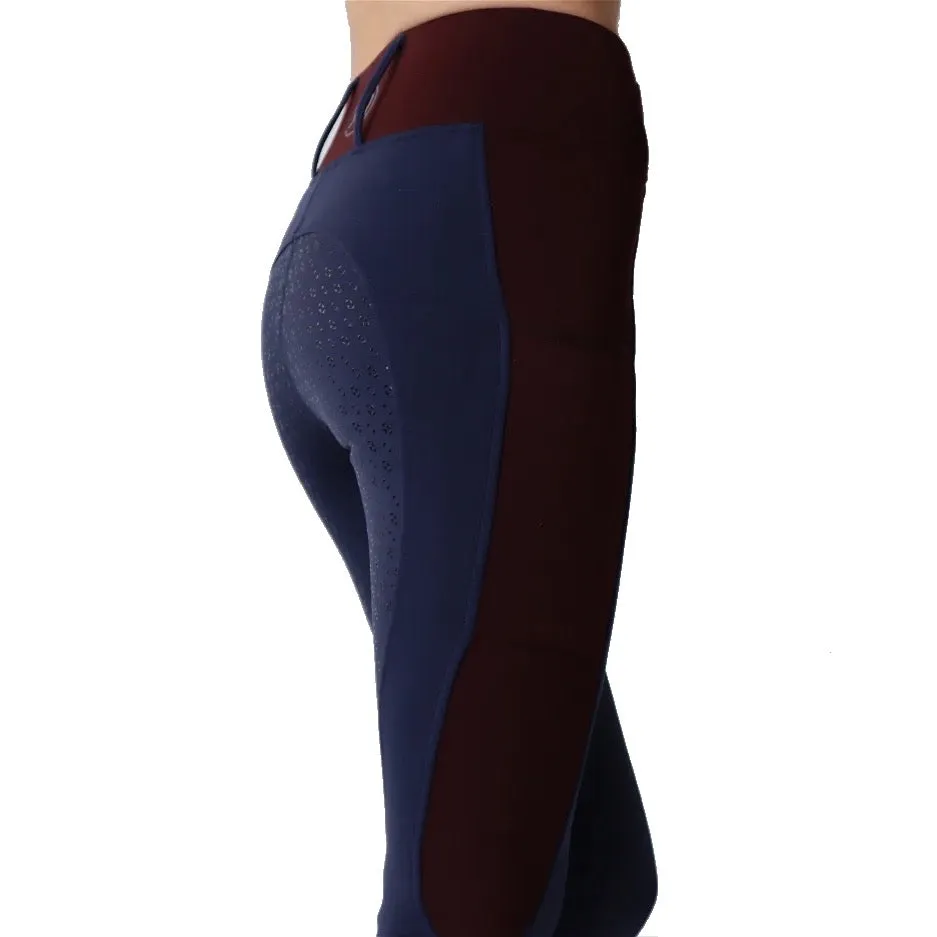 Montar REBEL Two Color Pull on Full Grip Riding Tights, Navy/Plum