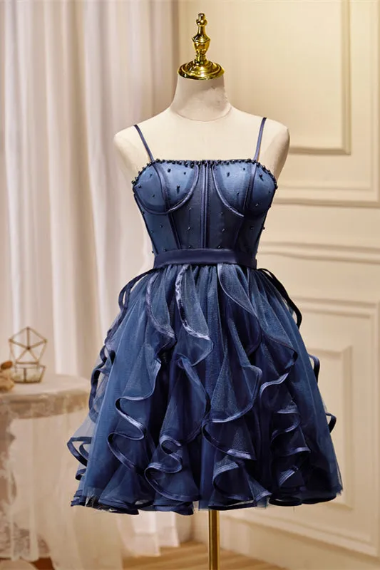 Navy Blue Beaded Ruffled Short A-line Party Dresss