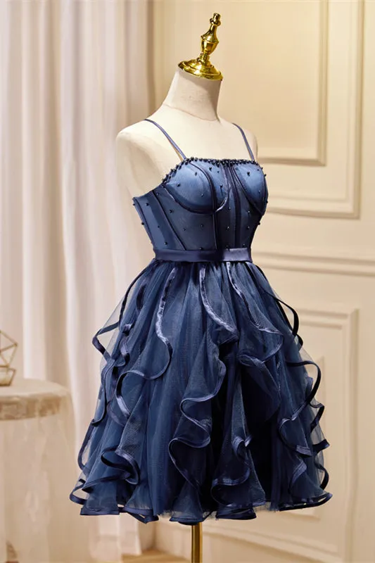 Navy Blue Beaded Ruffled Short A-line Party Dresss