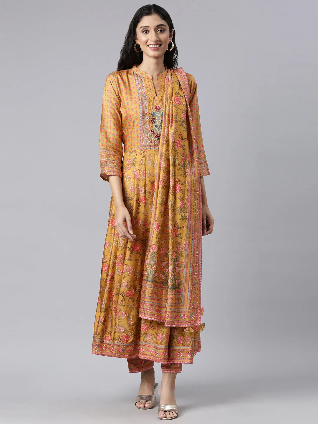 Neerus Mustard Regular Anarkali Kurta and Trousers With Dupatta