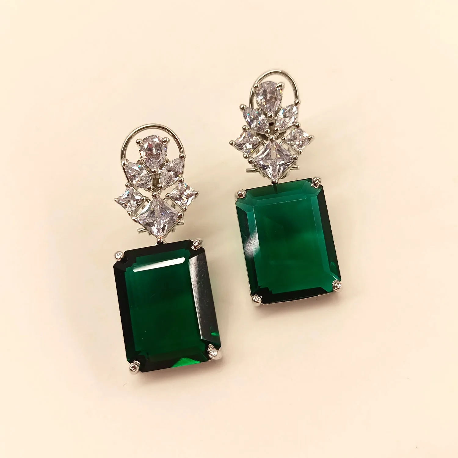 Pratima Green Emerald AD Silver Earrings