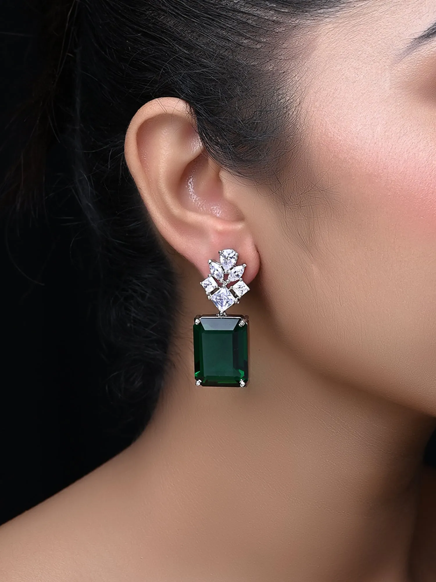 Pratima Green Emerald AD Silver Earrings