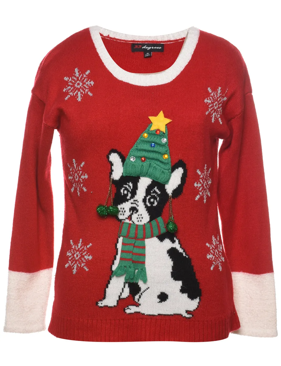 Pug Design Knit Christmas Jumper - M