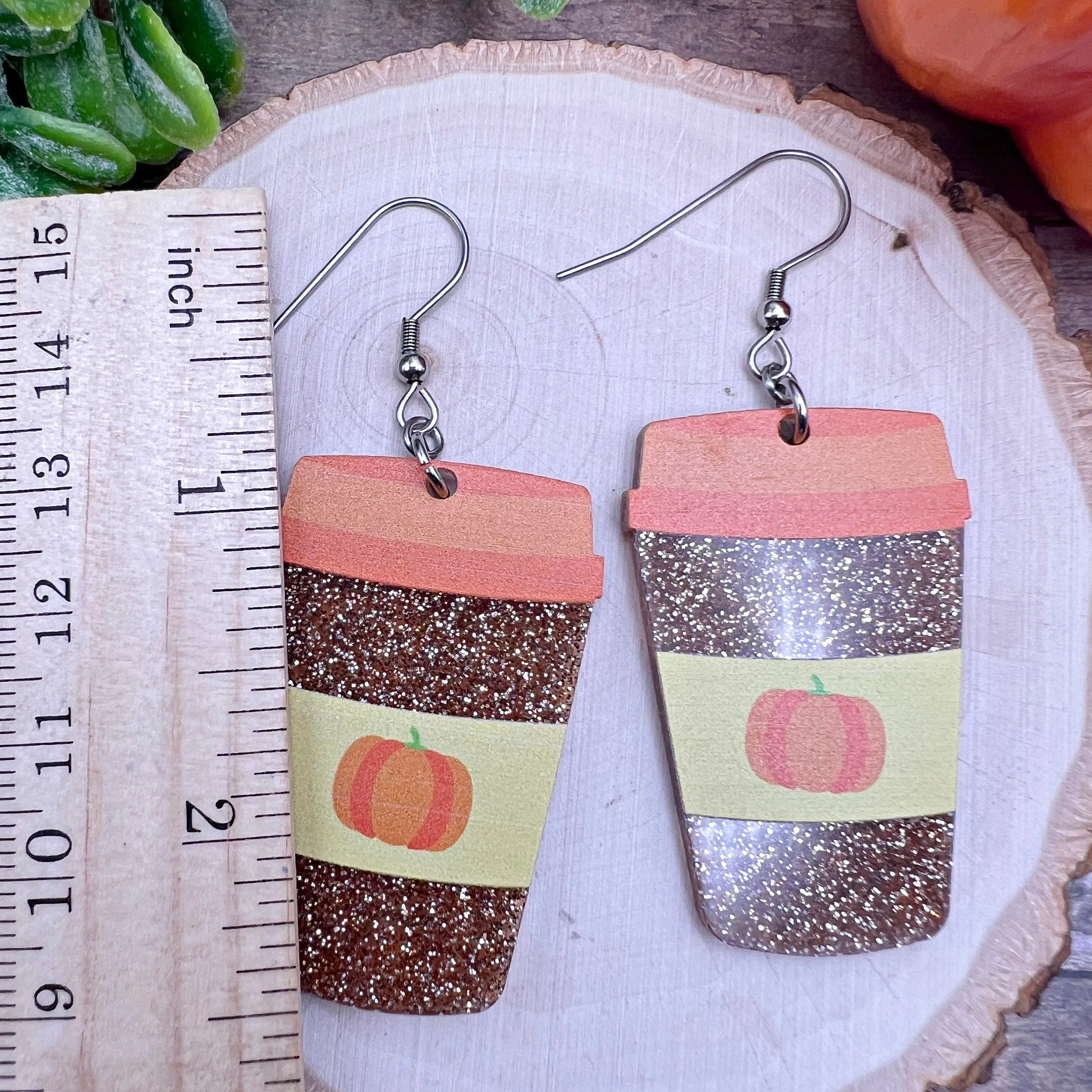 Pumpkin Spice Latte Coffee Glitter Acrylic Earrings - Fall Theme Food Drink