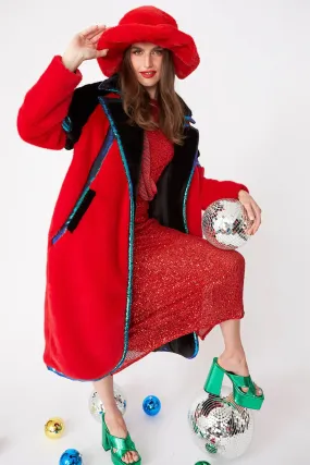 Red Faux Fur Coat with Sequin Trim