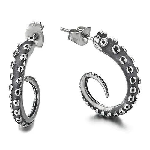 Retro Style Octopus Tentacle Claw Tail Half Hoop Stud Earrings for Man Women, Stainless Steel