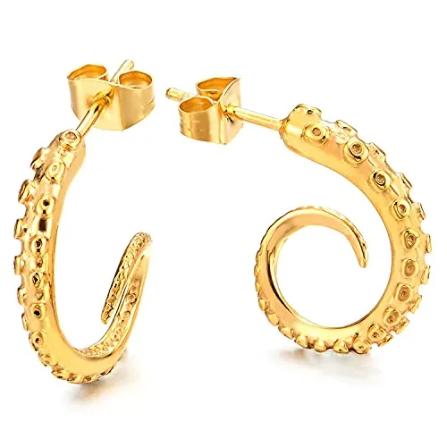 Retro Style Octopus Tentacle Claw Tail Half Hoop Stud Earrings for Man Women, Stainless Steel