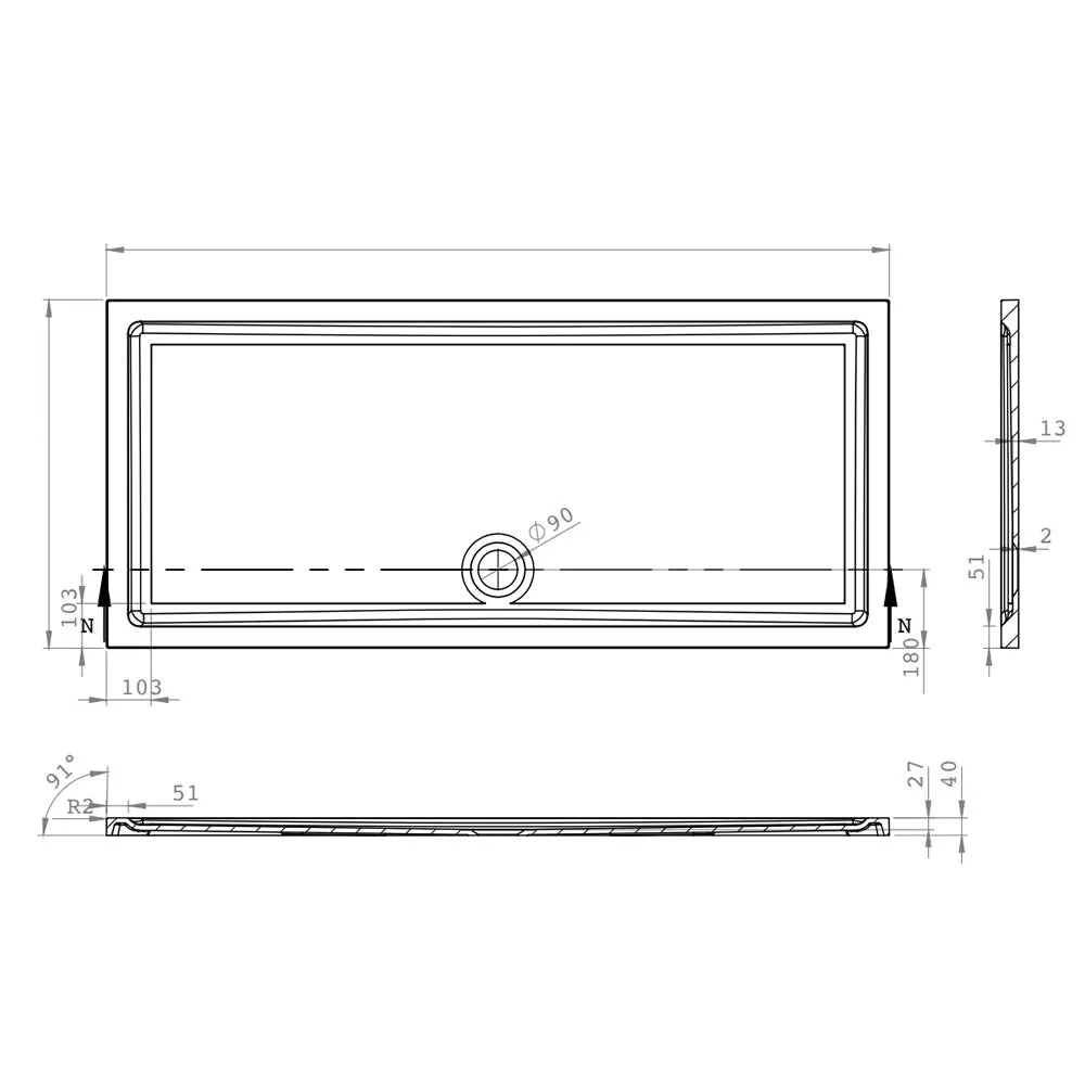 Roman Stone Solid Surface Anti Slip Shower Tray - 1500 x 900 x 40mm