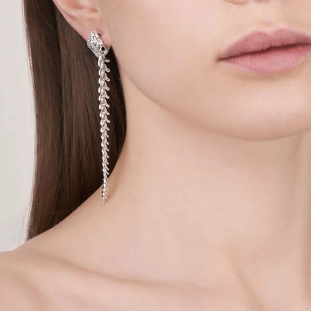 Serpent's Trace Long Drop Earrings - Silver & Diamond PavÃ©