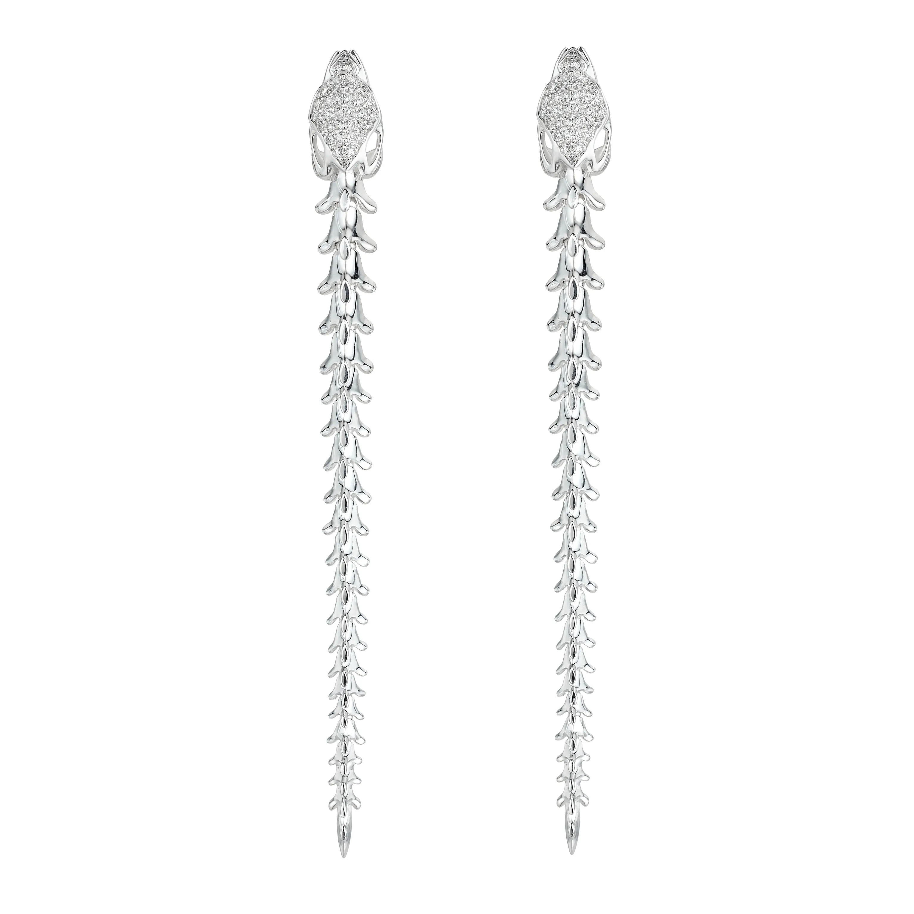 Serpent's Trace Long Drop Earrings - Silver & Diamond PavÃ©