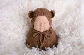 SET Mohair Bear Bonnet and Sack - Brown