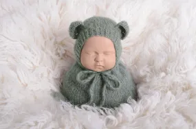 SET Mohair Bear Bonnet and Sack - Gray