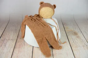 SET Mohair Bear Bonnet and Suit - Light Brown