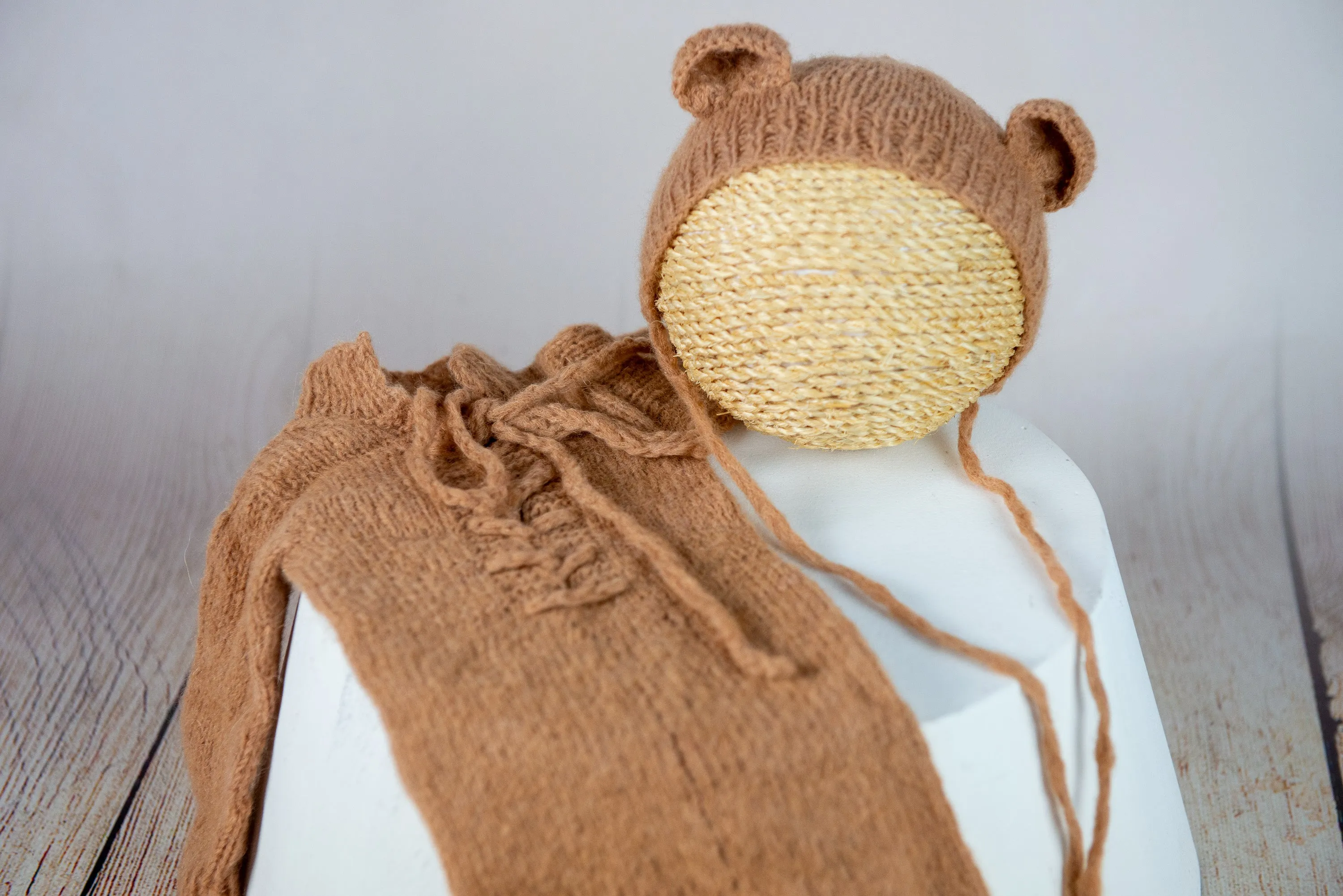 SET Mohair Bear Bonnet and Suit - Light Brown