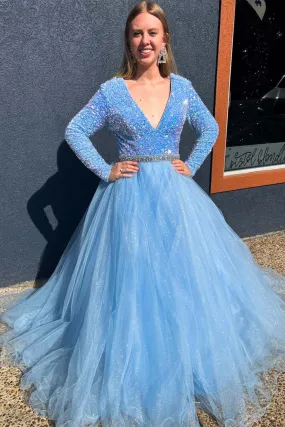 Shiny V Neck Long Sleeves Light Blue Sequins Long Prom Dress with Belt, Long Sleeves Formal Dress, Light Blue Sequins Evening Dress A1998