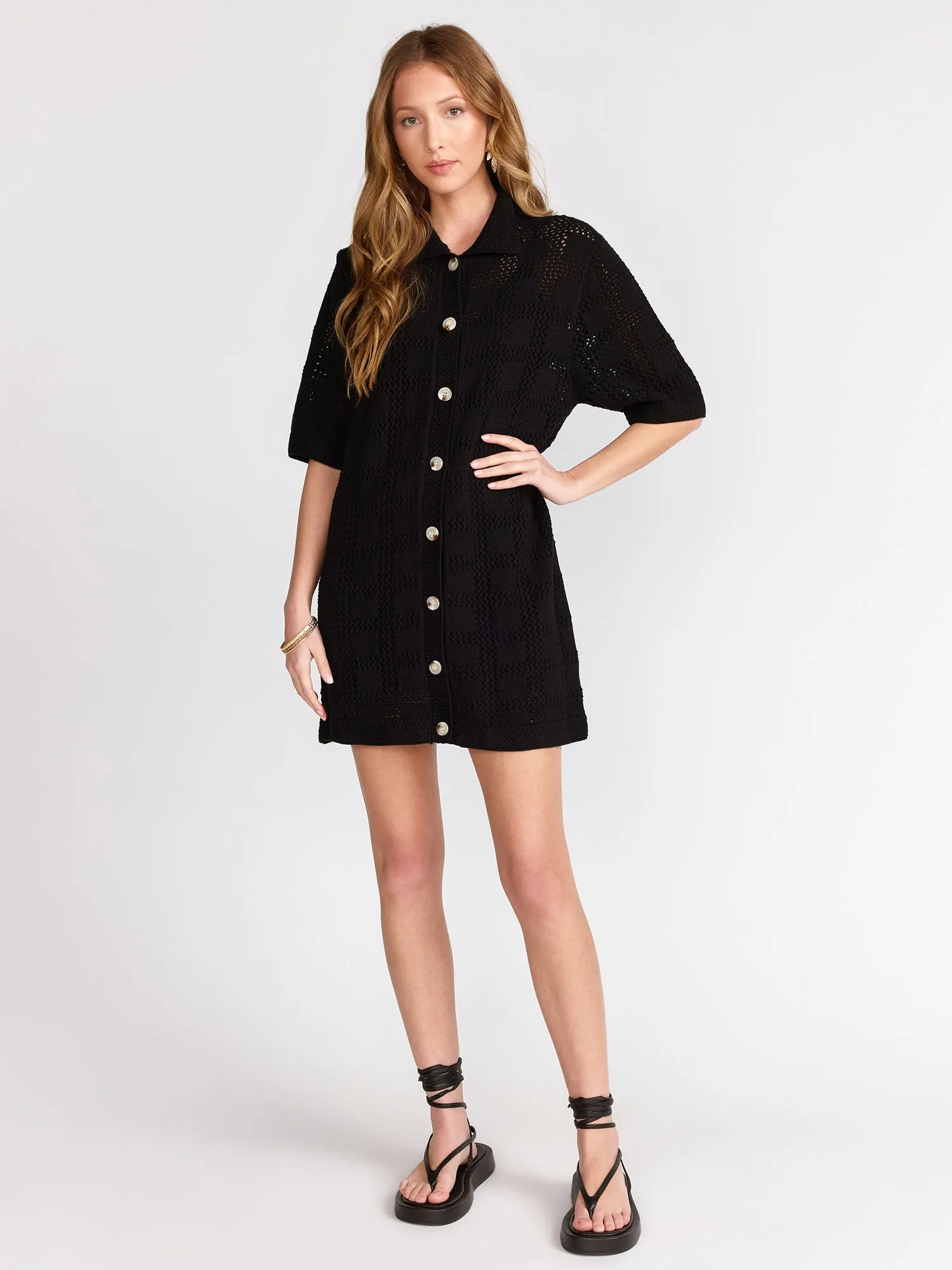 Short-Sleeve Crochet Button Down Mini Dress - Aaron & Amber