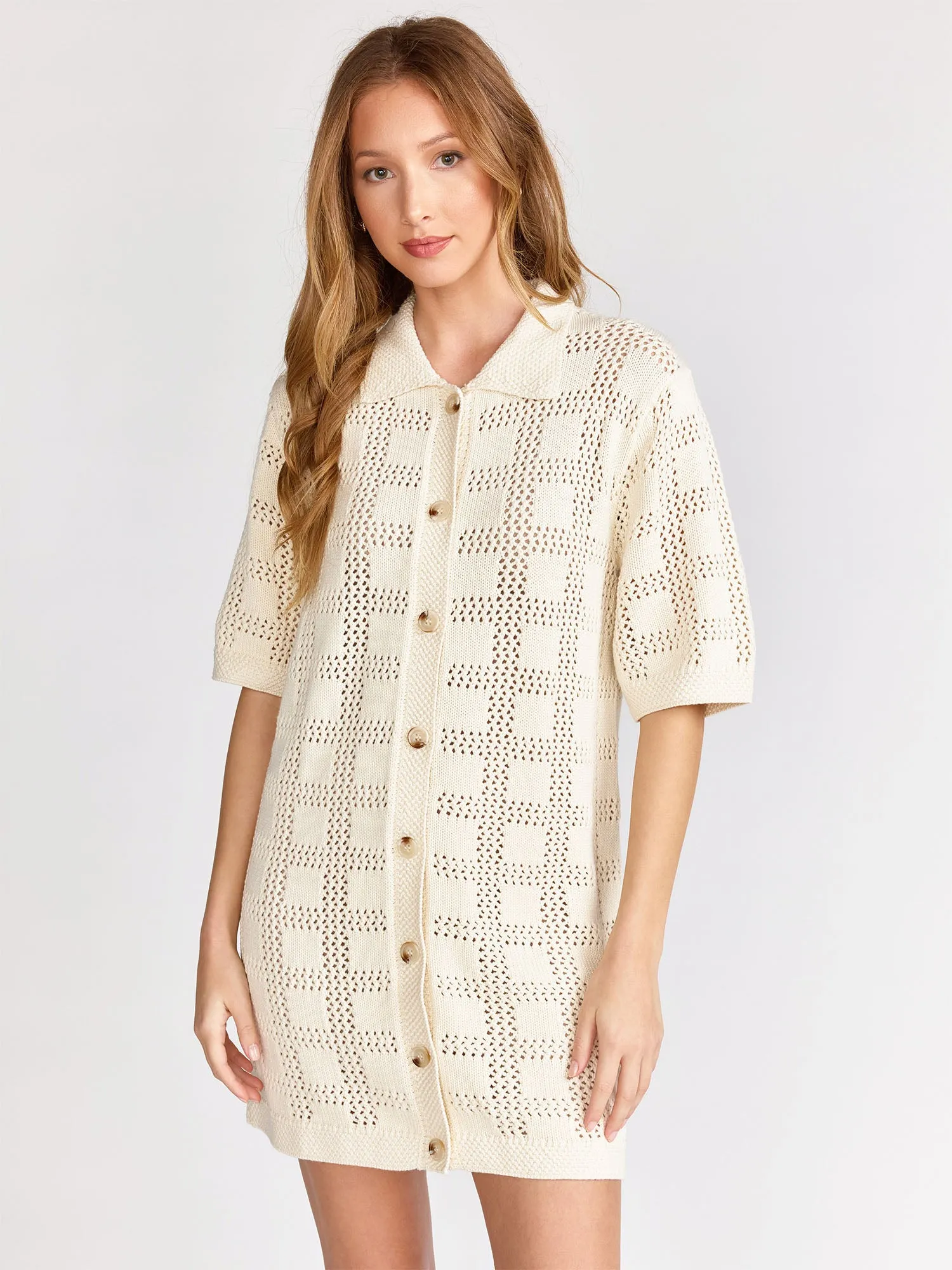 Short-Sleeve Crochet Button Down Mini Dress - Aaron & Amber