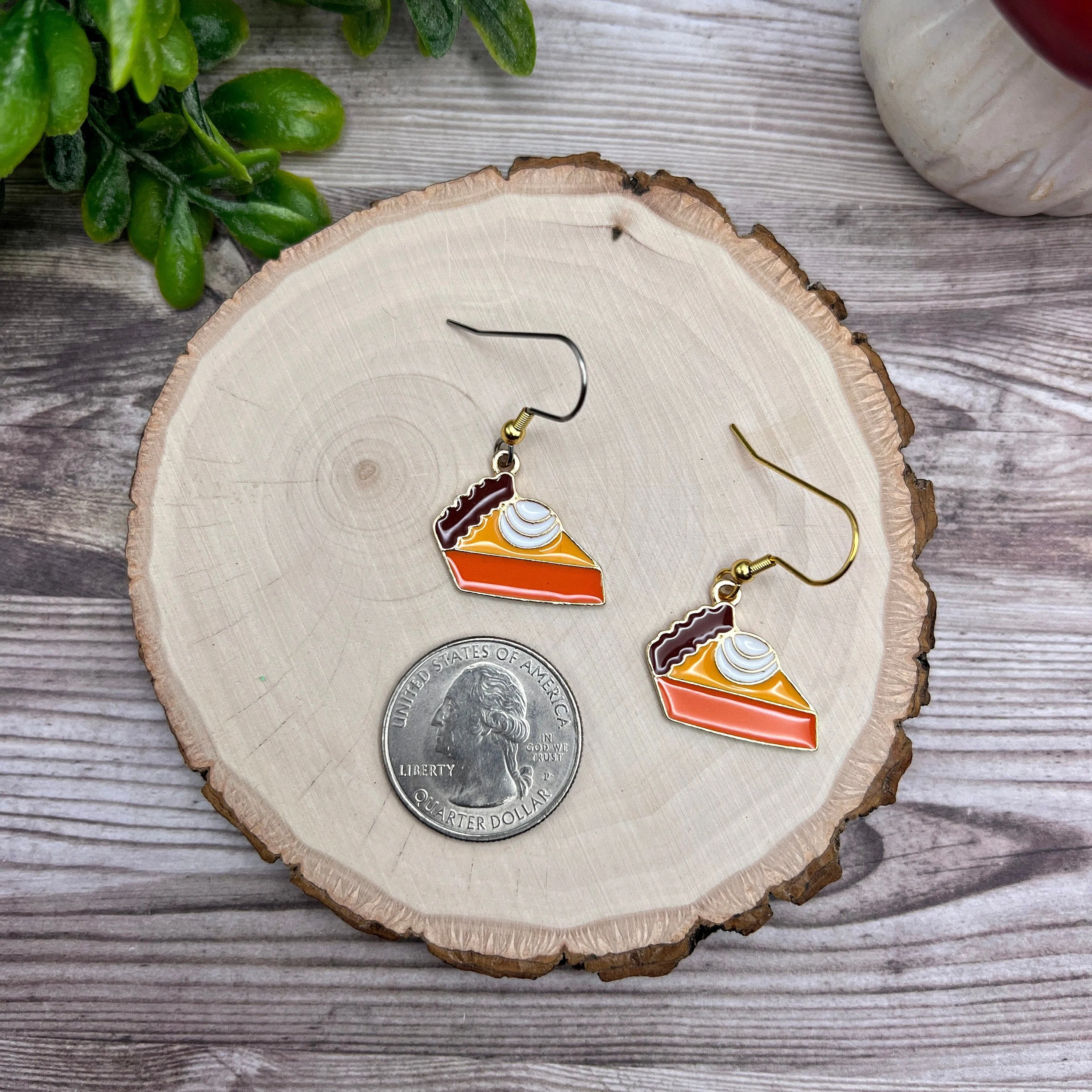 Slice of Pumpkin Pie Earrings, Fall Baking Thanksgiving October Vibes, Goldtone Two-tone , Hypoallergenic Gift