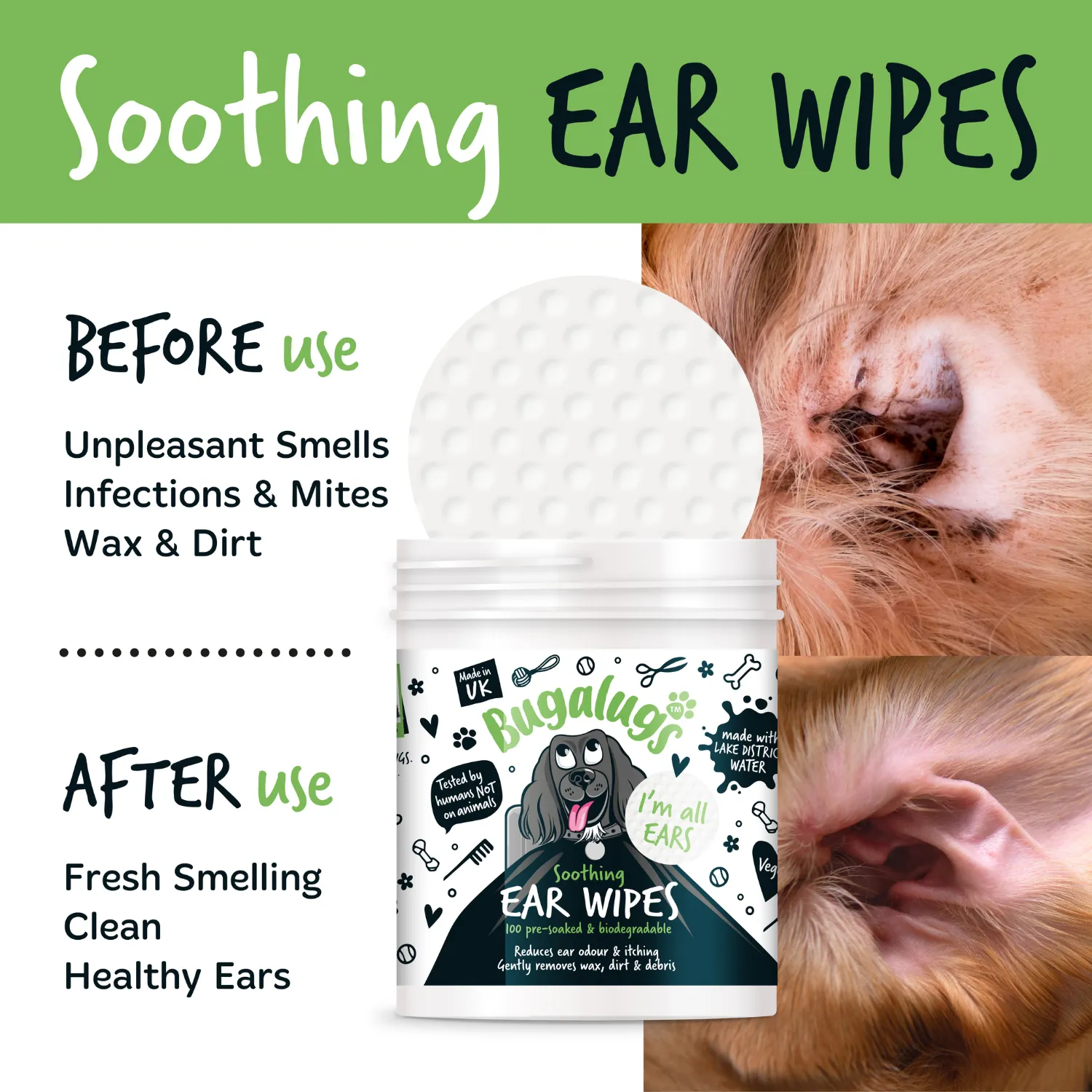 Soothing Ear Wipes for Dogs 100 Pre-soaked & Biodegradable Wipes