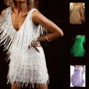 Tassel fringe Sequins Elegant Deep V neck Camisole Gown Dress For Women for Cocktail Wedding Evening Party Events