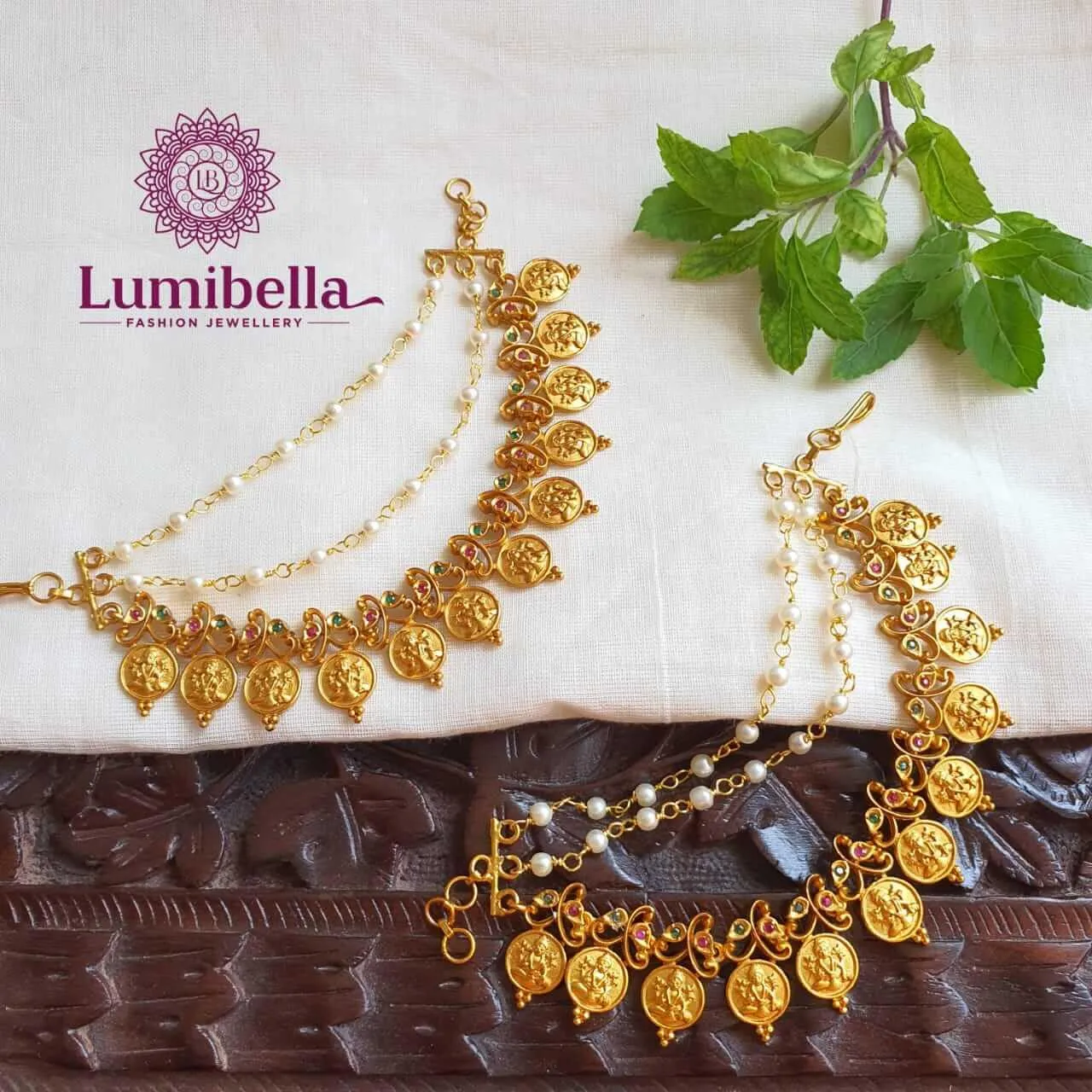 Temple Lakshmi Coin Style Ear Chain With White Pearls